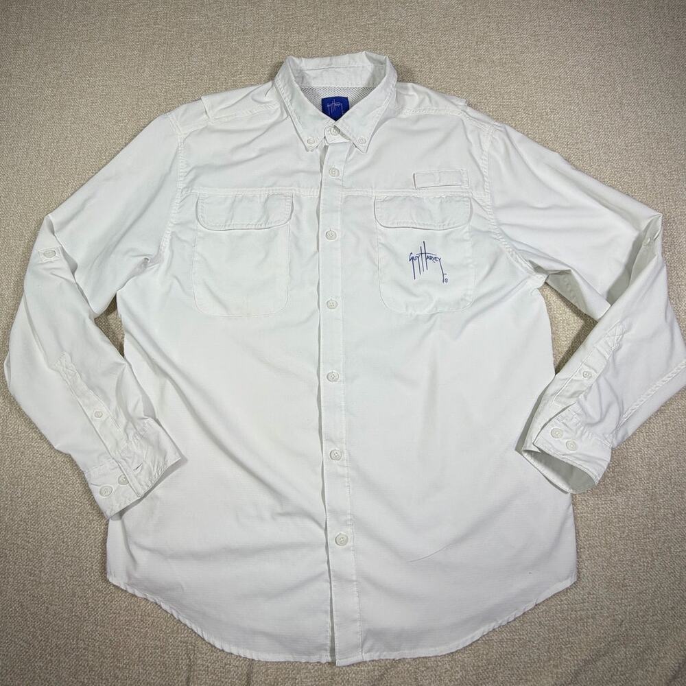 Guy Harvey Men Large White Ripstop Fishing Shirt Long Sleeve Vented Button Front